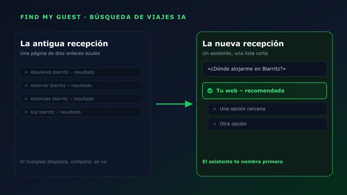 La antigua recepción: una página de diez enlaces azules, frente a la nueva recepción: un asistente que nombra tu web la primera en una lista corta