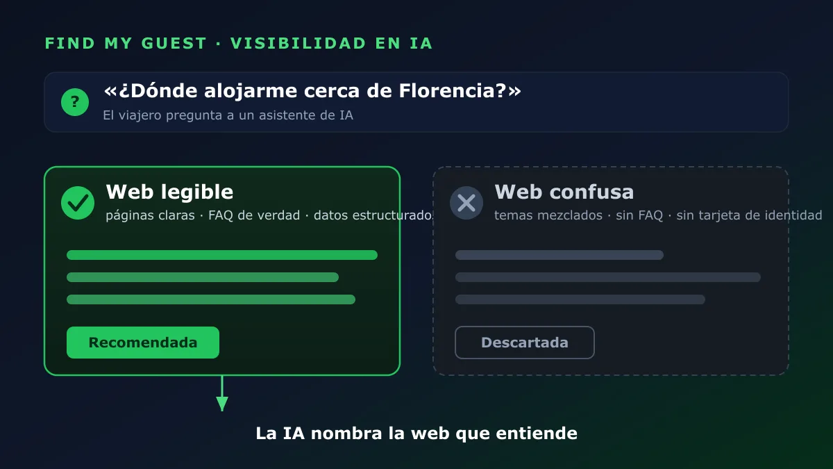 Un asistente de IA recomienda la web de reservas legible frente a una web confusa tras la pregunta de un viajero