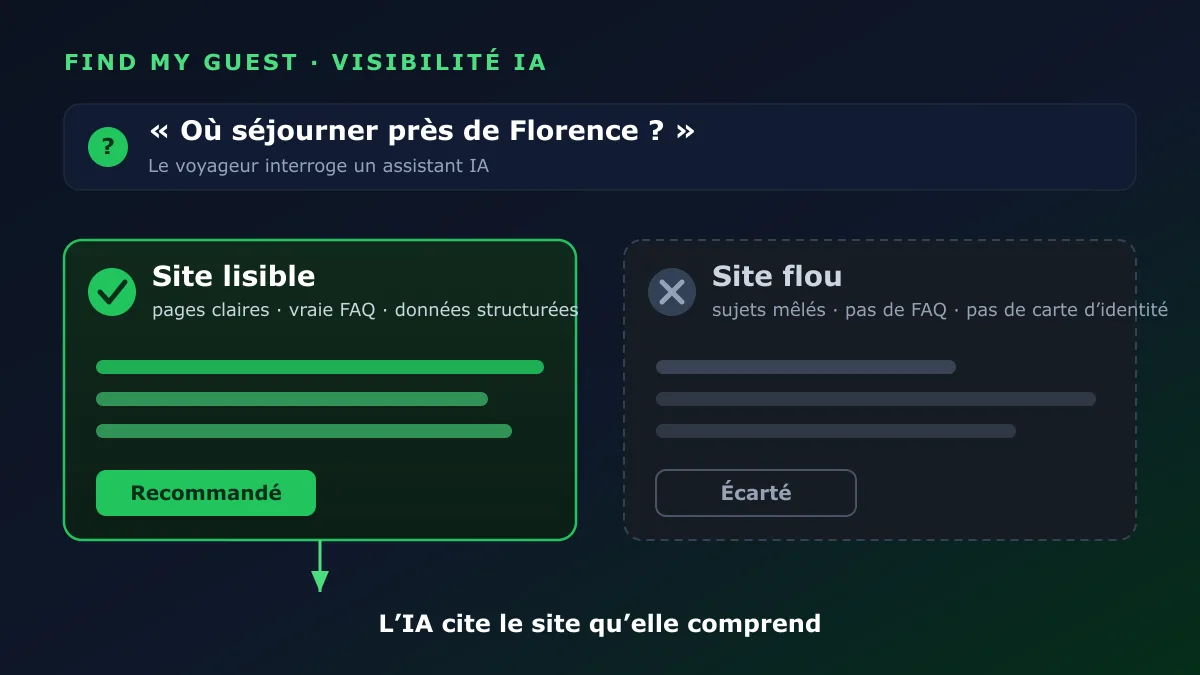 Un assistant IA recommande le site de réservation lisible plutôt qu'un site flou après la question d'un voyageur