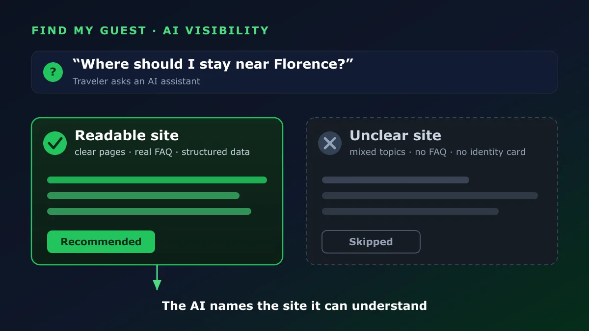 An AI assistant recommends the readable booking site over an unclear one after a traveler's question