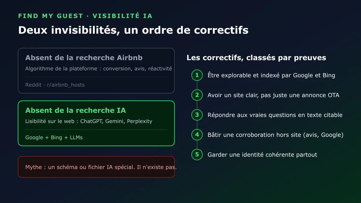 Diagnostic des deux invisibilités et des cinq correctifs classés par preuves, de l'explorabilité à la cohérence de l'identité
