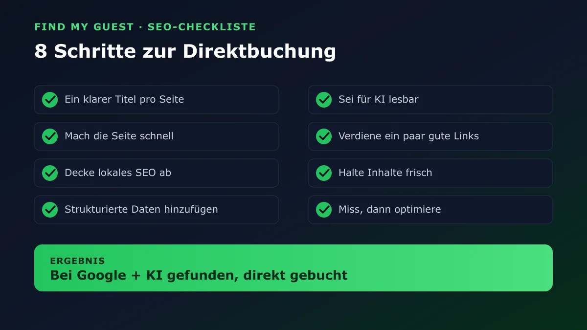 Die 8-Schritte-SEO-Checkliste für Kurzzeitvermietung, vom klaren Seitentitel bis zur Messung der Ergebnisse, um bei Google und in KIs gefunden und direkt gebucht zu werden