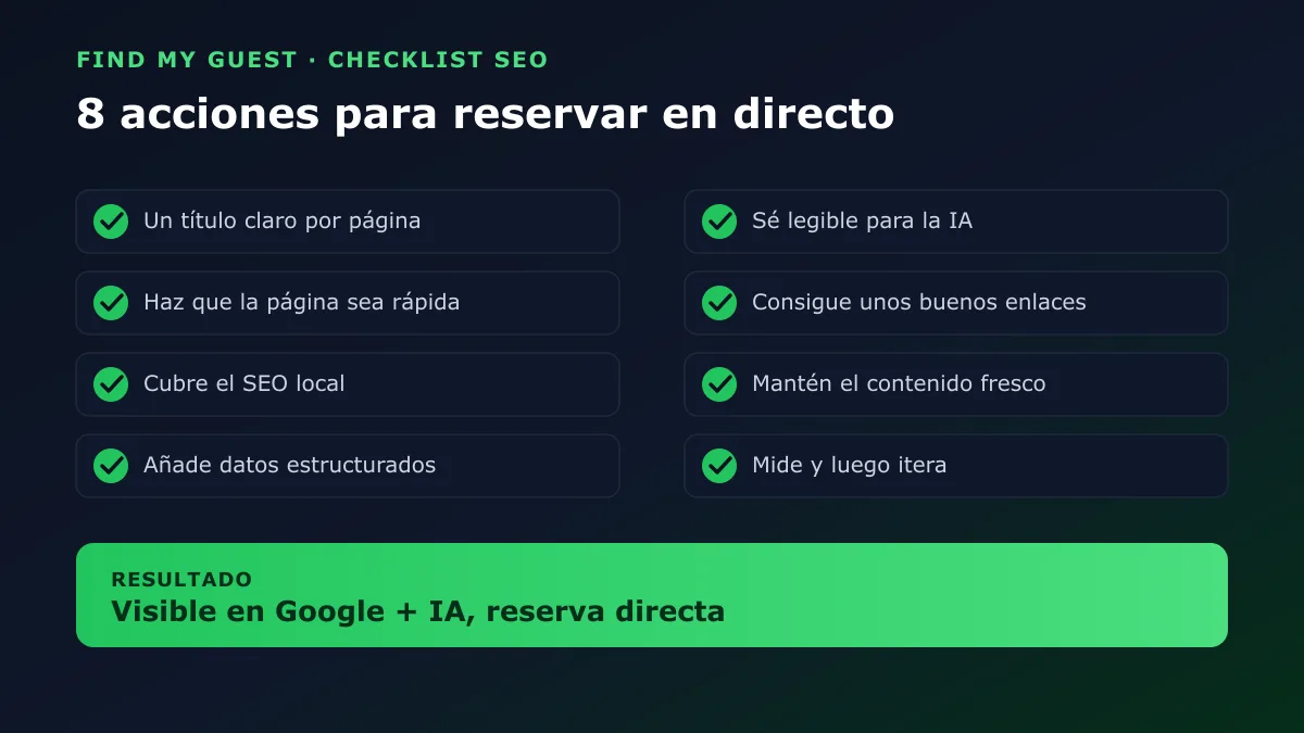 La checklist SEO de 8 pasos para el alquiler de corta duración, desde un título de página claro hasta medir resultados, para aparecer en Google y en las IA y reservar en directo