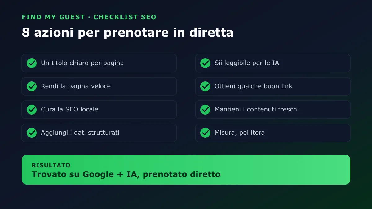 La checklist SEO in 8 passi per gli affitti brevi, dal titolo di pagina chiaro alla misurazione dei risultati, per essere trovato su Google e sulle IA e prenotare in diretta