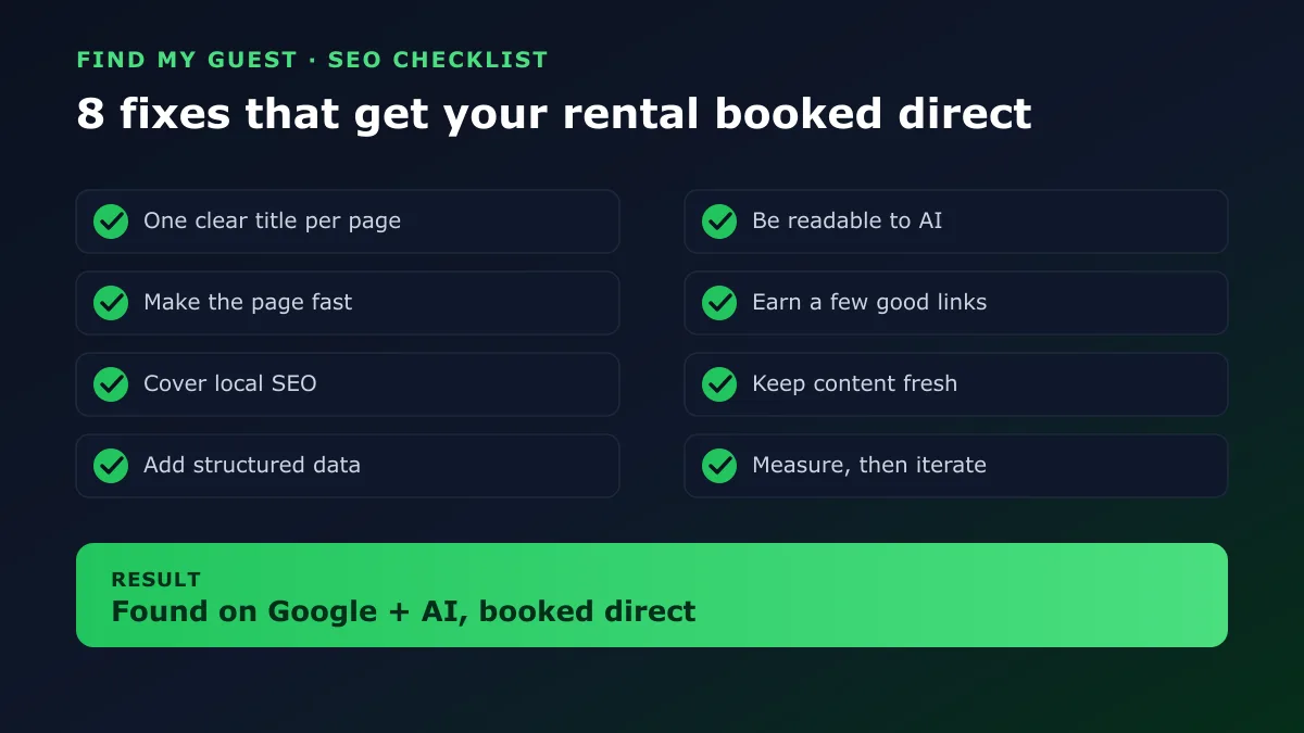 The 8-step SEO checklist for short-term rentals, from a clear page title to measuring results, leading to being found on Google and AI and booked direct